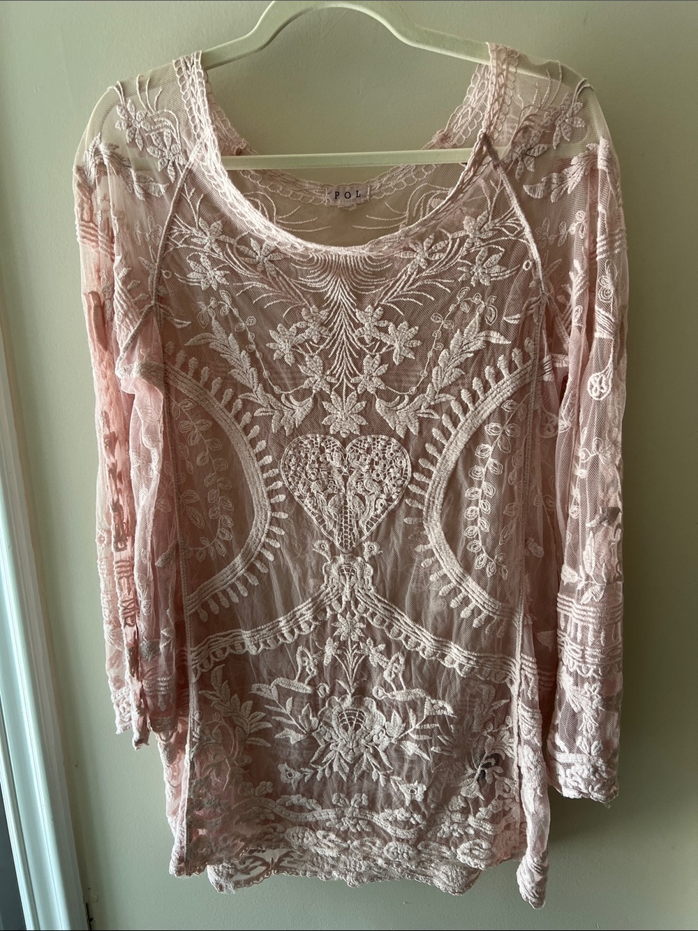 POL Sheer Blush Pink Embroidered Lace Tunic